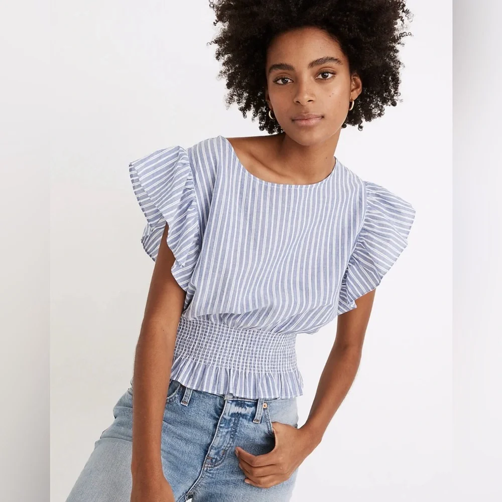 Madewell Flutter-Sleeve Smocked Top in Stripe - Picture 1 of 5